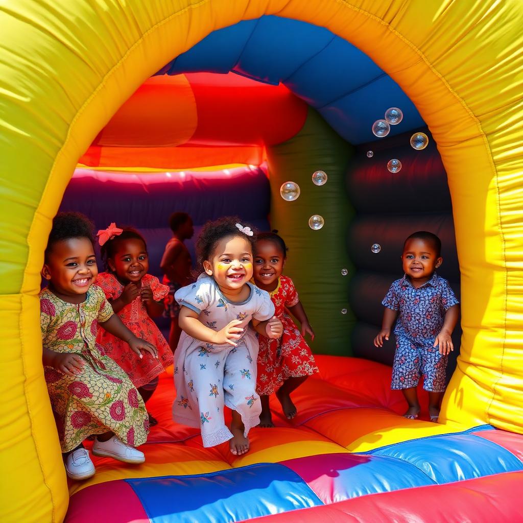 Children laughing inside colourful bouncy castles