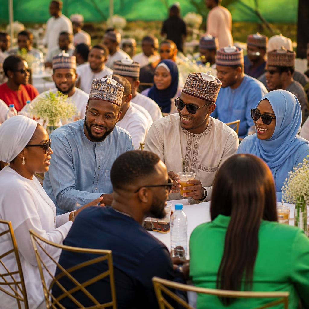 Adults relaxing and laughing at festival tables